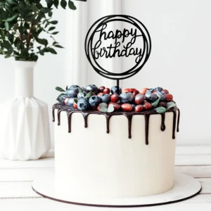 Kakkukoriste Happy Birthday musta pyöreä