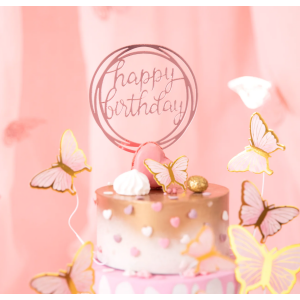 Kakkukoriste Happy Birthday ruusukulta pyöreä