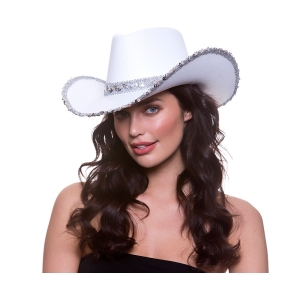 Valkoinen Cowgirlin hattu hopeanvärisillä koristeilla